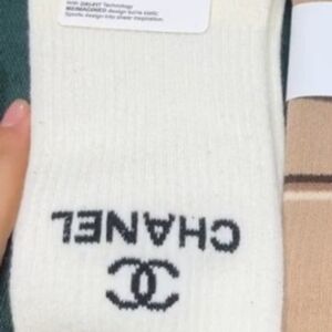 CHANEL White and Black Logo Socks